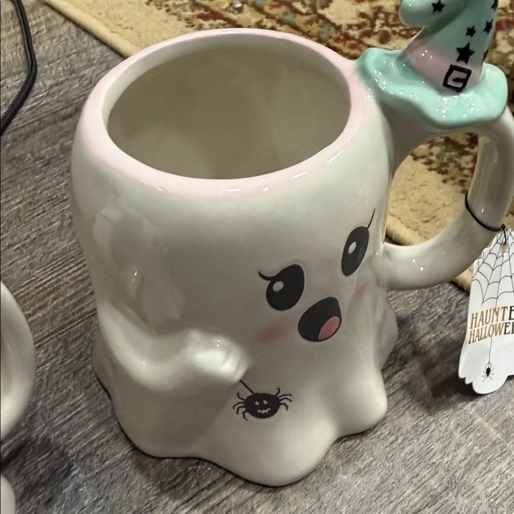 2 Ghost Shaped Mugs with Witch Hat Handles